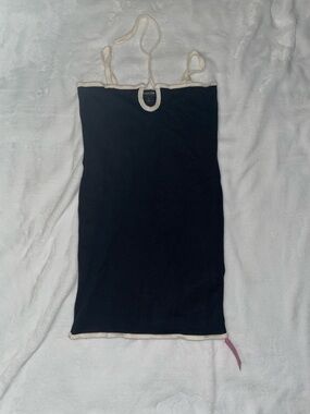 PrettyLittleThing Black Mini Dress with Cream Trim Keyhole Tie Up Detail Summer